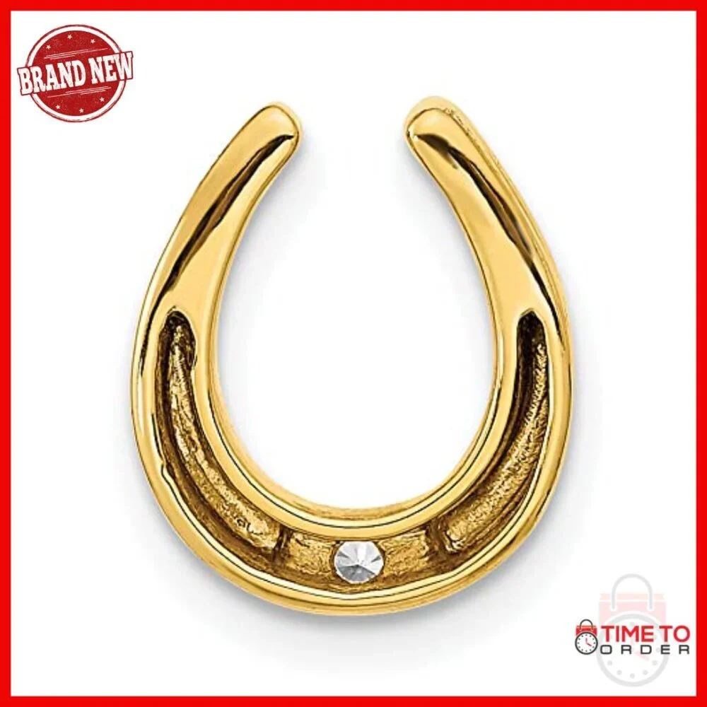 14k Yellow Gold Horseshoe Pendant Necklace with Clear Gemstone, Good Luck Charm